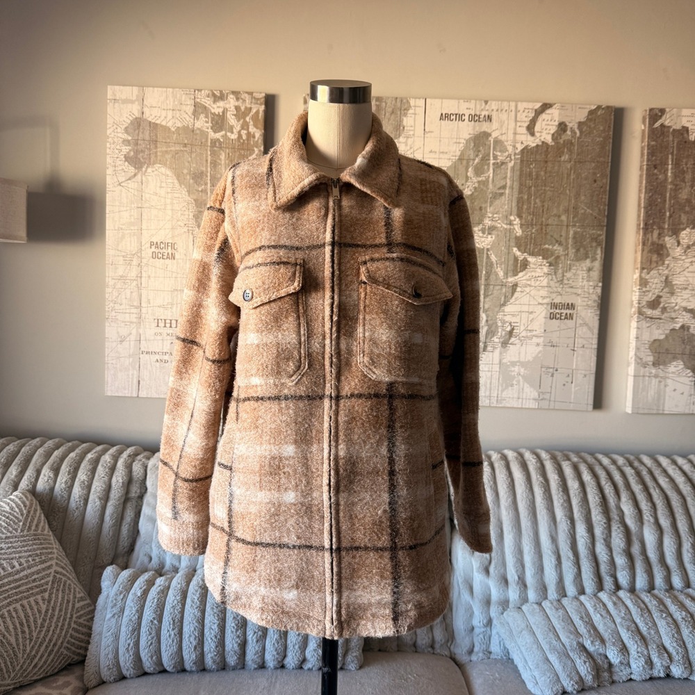 Joie Tan Brown Plaid Zip Up Shacket Wool Blend Jacket XS